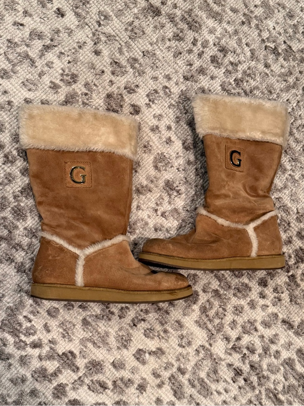 Guess Suede Shearling-Trim Mid Calf Winter Boots in Tan
